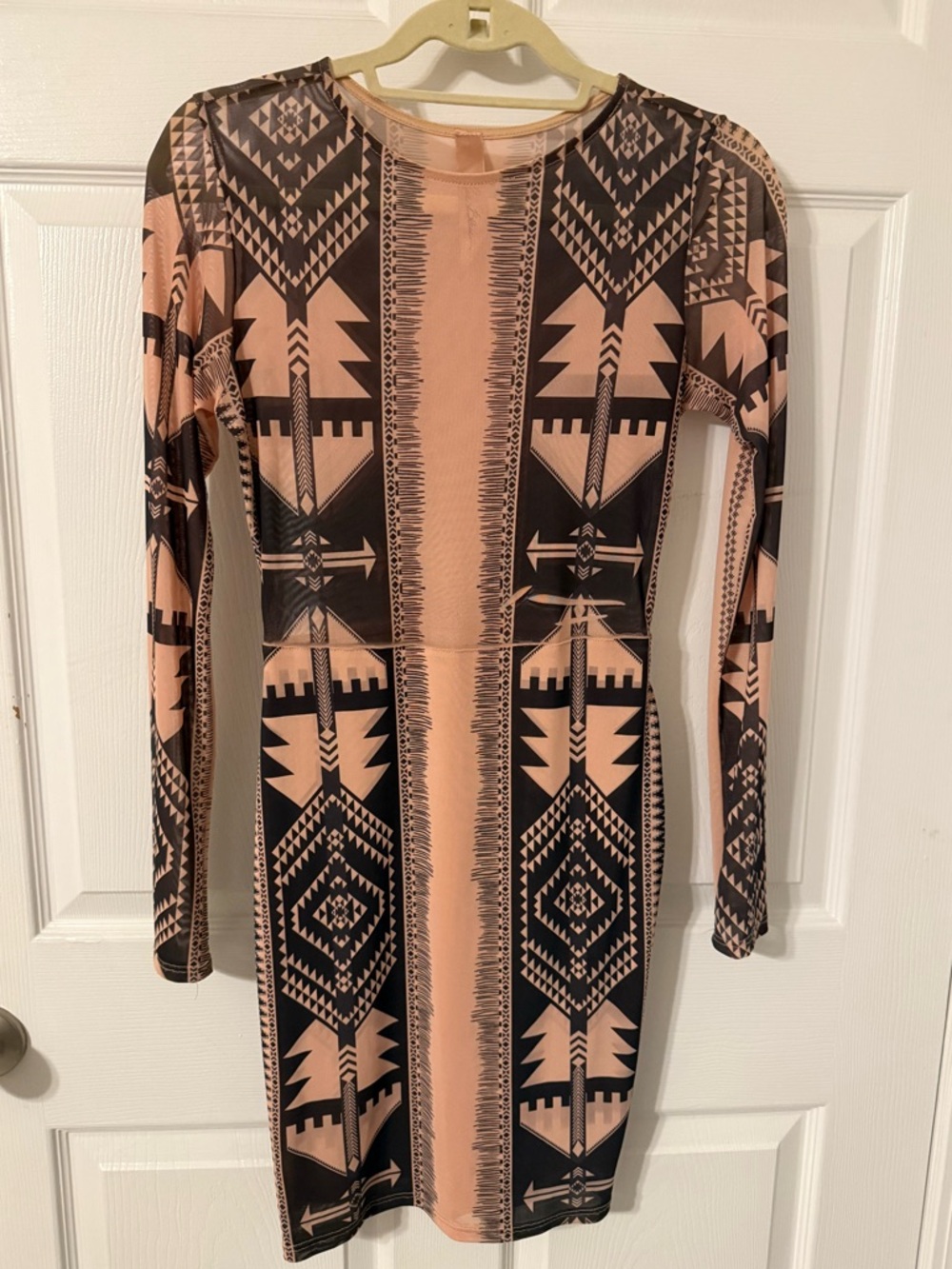 Long Sleeve Geometric Sheer Fitted Dress in Black and Beige